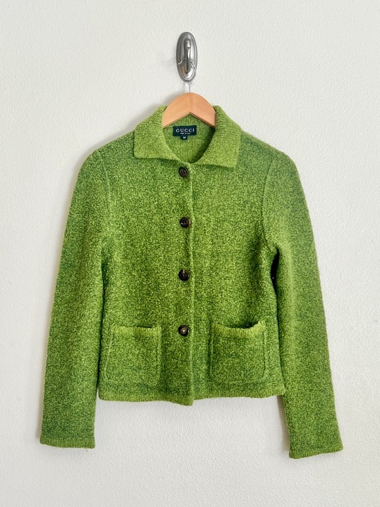 Gucci Sweaters - Vintage GUCCI by Tom Ford F/W 1995 Boucle Knit Collared Cardigan Jacket in Green